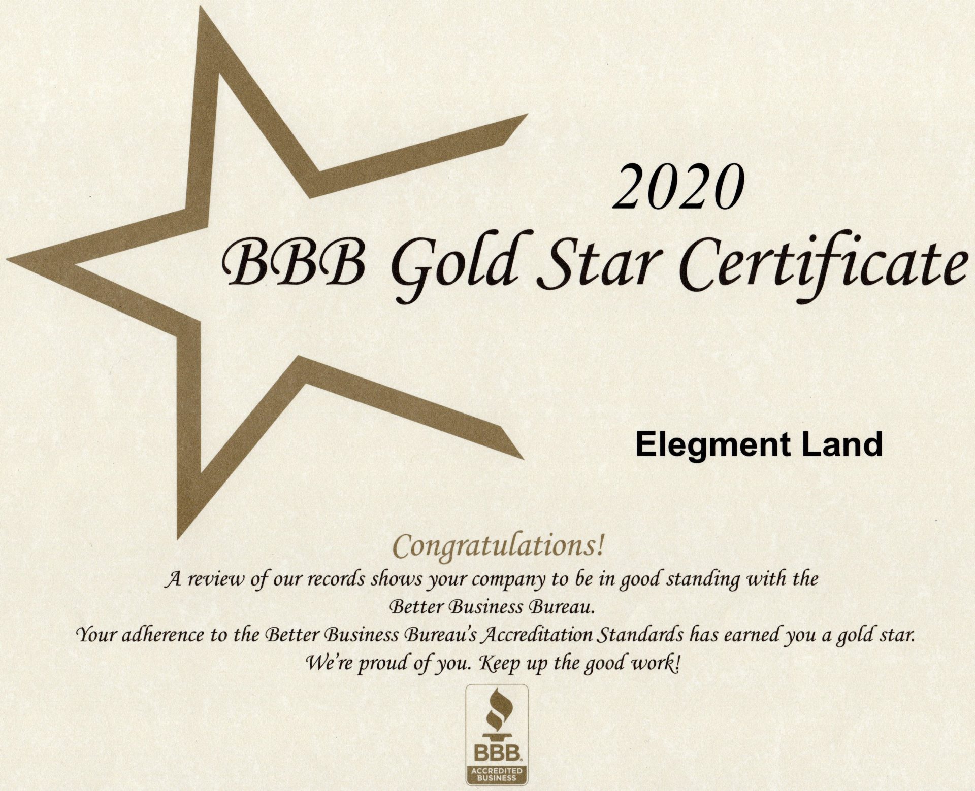 BBB Gold Star Certificate